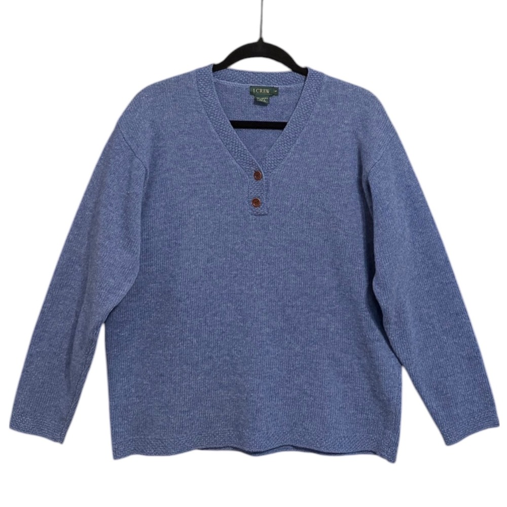 Vintage 90s J Crew Grandpa Lambswool Henley Sweater Mens S Blue Pullover Cozy